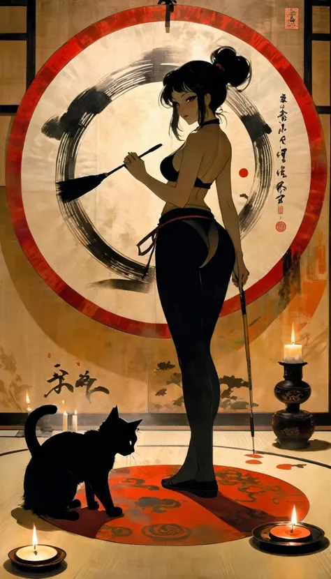 1 sexy girl, a strange black silhouette appears in the magic circle, a sexy girl uses a giant paintbrush to draw a magic circle with ink, writing calligraphy on a large piece of Japanese paper arranged on the ground, a cat walking and leaving marks of blac...