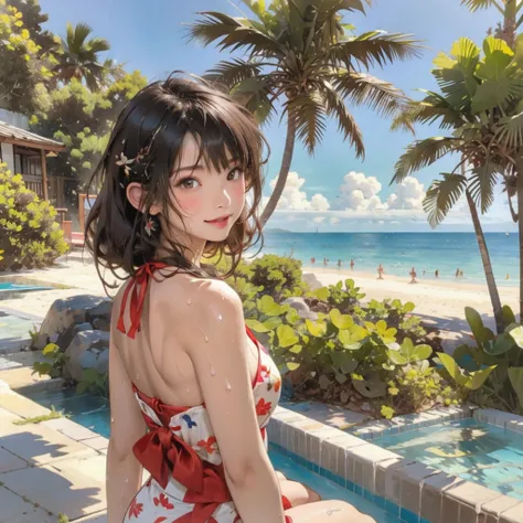 ((highest quality, masterpiece, High resolution)), ((reality)),Photos of beautiful Japanese women,((anime art))、 (((1 girl))), normal size breasts, slim body shape, long ponytail,double eyelid, Wet see-through bikini, A pareo with bold ethnic patterns and ...