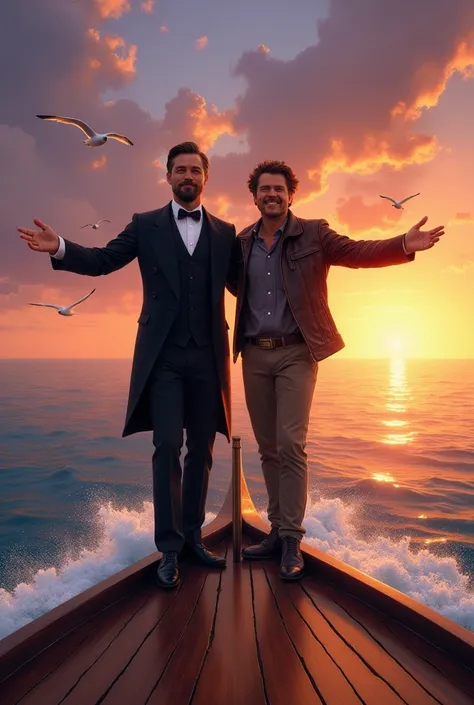 Debussy and DiCaprio pose like the Titanic with their arms outstretched.