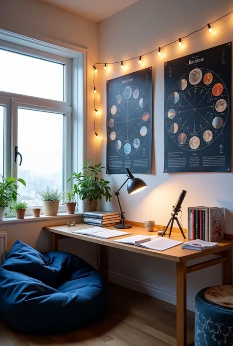 Aesthetic college student room with astronomy decor, with white wall