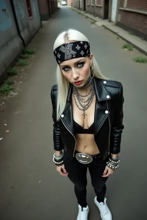 russian milf woman, biker gang member, platinum blonde hair (straight, middle part) with bandana headband, with very light blue eyes, extremely pale, heavy eye shadows. Sad face, smeared excessive make up and lipstick Wearing cropped black moto jacket, Vic...