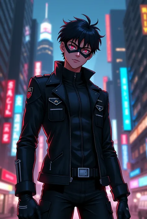 Make me a superhero similar to Robin whose suit is military-style with a jacket and is all black, have anifaz in anime version , that it has a mask that is animated version 