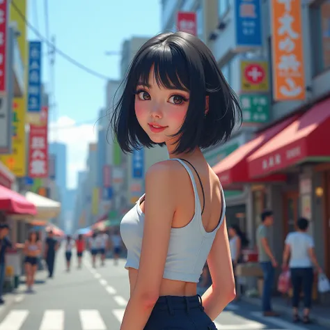 Japanese woman beautiful young smiling short black hair face looks like Z.A.R.D. big breasts big halos pale pink color hairy pussy realistic photo on the street day clear