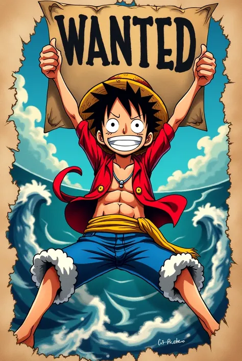 tattoo of luffy holding a wanted poster 
