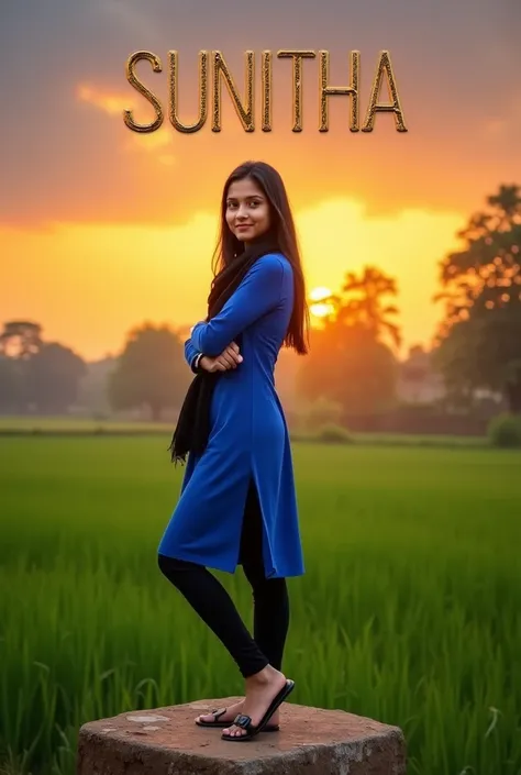 One girl age 18 , stand on stone wears metalic smart watch, folded her left hand only wears blue colour dress and black scarf and  black colour legin pand and wears Black colour chappal and turns right side  and sky in sunset mood,in background village and...