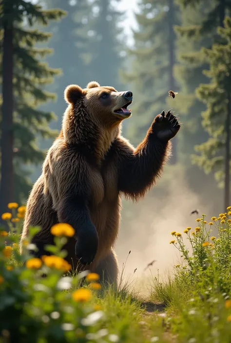 a grizzly bear stomping out a yellow jacket