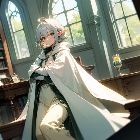 Elf, silver hair,short hair, medium cut, ahoge, curly hair,green eyes,slender, fair skin, robe,  cloak,White gloves, arms crossed, cross-legged, fantasy, inside, in the room, with a window, with a desk, with a table, with a bookshelf, slender, cool Smile, ...