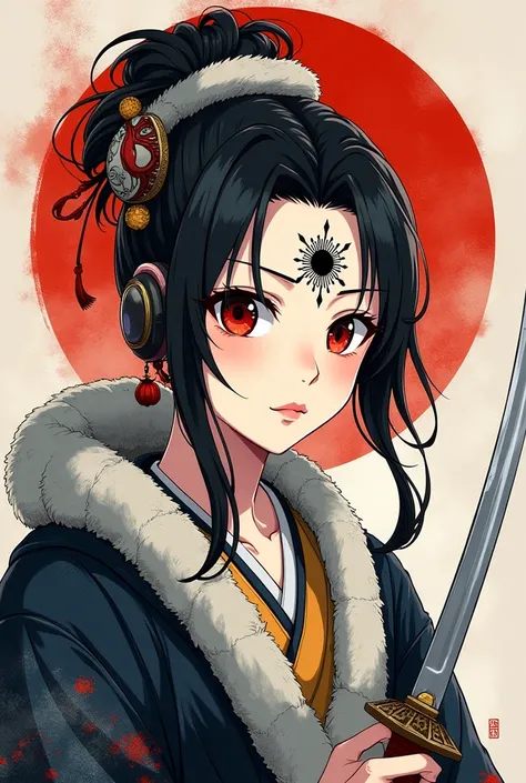 Ink painting, (((1 girl))), (((Tattoo in the middle of the forehead))),(((In the background is the Akatsuki moon))), (((Oiran))), (((Great hair accessories))), Japanese style headphones, Demon possession,  (((Highest quality, 8K, high-definition masterpiec...