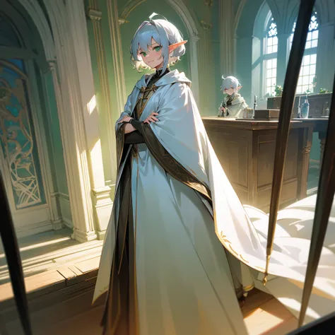 Elf, silver hair,short hair, medium cut, ahoge, curly hair,green eyes,slender, fair skin, robe,  cloak,White gloves, arms crossed, cross-legged, fantasy, inside, in the room, with a window, with a desk, with a chair, with a bookshelf, slender, cool Smile, ...