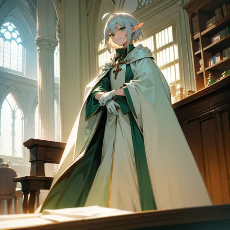 Elf, silver hair,short hair, medium cut, ahoge, curly hair,green eyes,slender, fair skin, robe,  cloak,White gloves, arms crossed, cross-legged, fantasy, inside, in the room, with a window, with a desk, with a chair, with a bookshelf, slender, cool Smile, ...