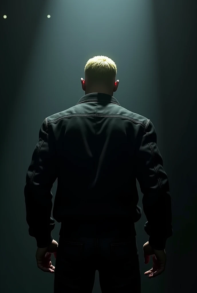 3d man (devil may cry 4 graphics) viewed from behind, with blonde buzzcut wearing a black bomber jacket in a black room