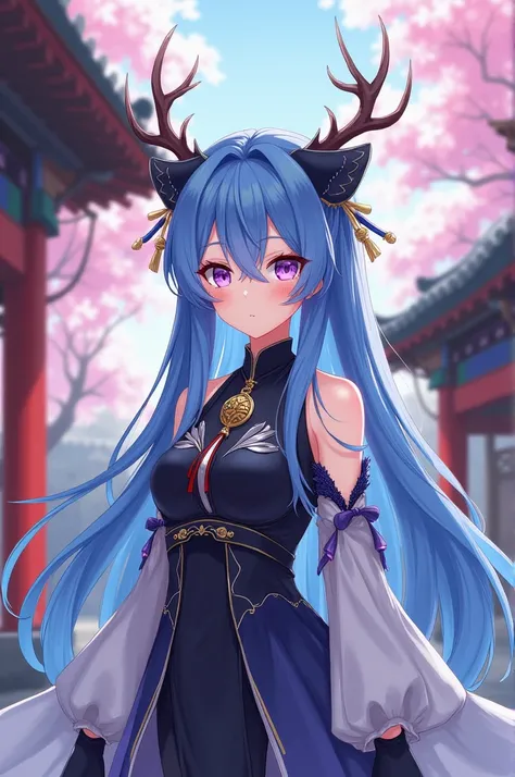 hired (impacto genshin), 1 girl, Ahoge, architechture, bangss, bared shoulders, bell, black mitts, black pantyhose, ((hair blue)), blush, breastsout, Chinese knot, detached sleeves, east asian architechture, flower knot, mitts, antlers, long hair, looking ...