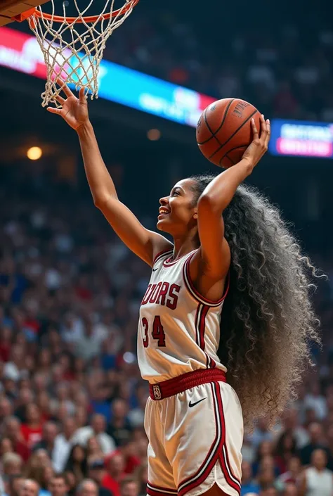 A beautiful youthful looking American version of Ariana Grande as a 50 years old woman with very long hair completely gray hair in a long big curls styles as a retired
NBA player wearing her old NBA jersey shooting the ball in the basket in a nba stadium s...