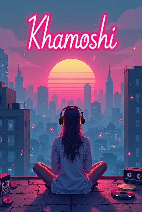 Make a music poster in lofi and retro theme and write khamoshi word 