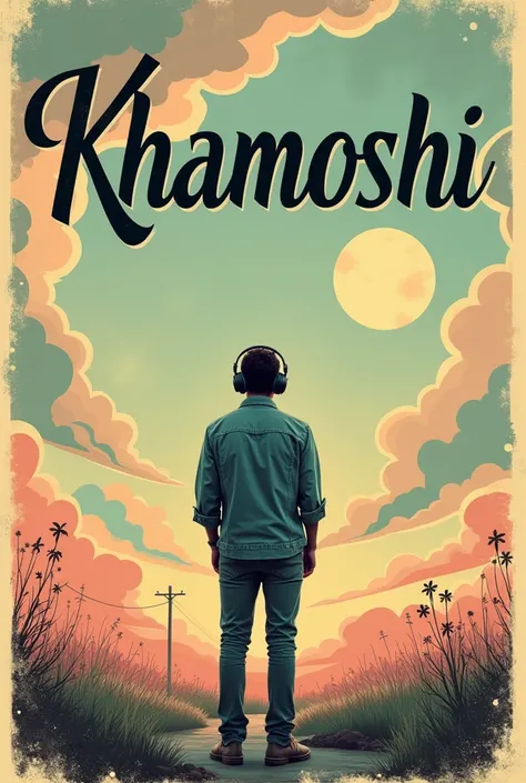 Make a music poster in lofi and retro theme and write khamoshi word with man standing 