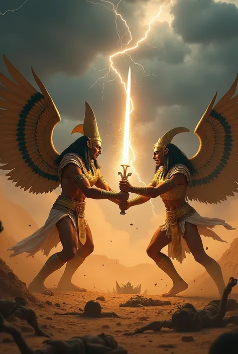 Dark Egyptian god and other Egyptian god fighting eachother with clashing each other swords on Sandy battlefield and dead bodies of the Egyptian army are lying scattered
Dark clouds thundering in sky and ground shattered around them