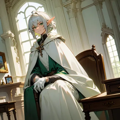 Elf, silver hair,short hair, medium cut, ahoge, curly hair,green eyes,slender, fair skin, robe,  cloak,White gloves, arms crossed, cross-legged, fantasy, inside, in the room, with a window, with a desk, with a chair, with a bookshelf, slender, cool Smile, ...