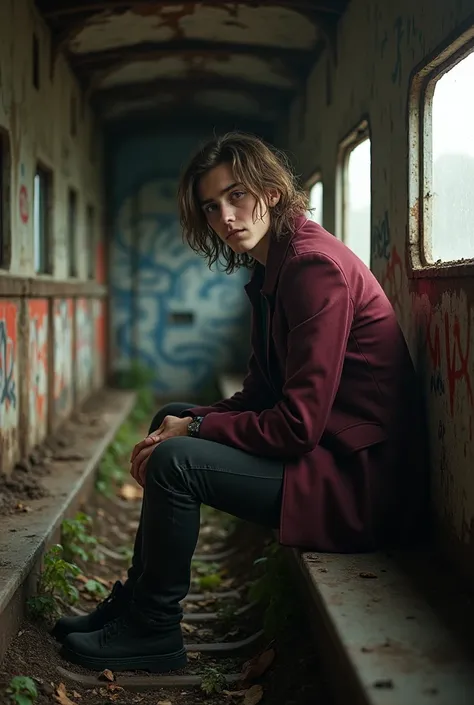 sad male teenager long brown hair light skin wearing burgundy coat on old abandoned rusty train with details