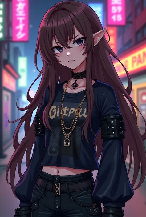 Anime female character with long brown hair, a bored expression, black eyes, emo clothing, and elf ears.