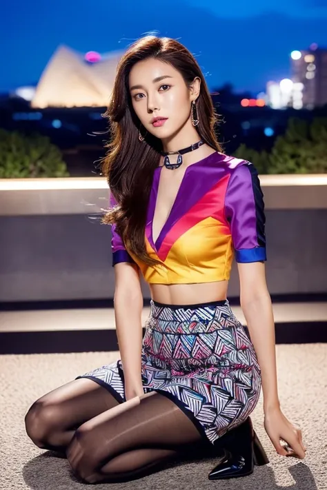 colorful shirt with collar、(Geometric patterned midi skirt:1.3)、((silk pantyhose))、(She is sitting, showing off her beautiful legs and high heels)、1 girl、(Delicate face、Detailed eyes and face、double eyelid、Glossy lips)、Moisturized skin、Highly detailed face...