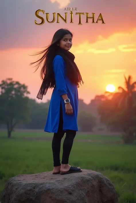 One short girl age 18 , stand on stone have long hair wears metallic smart watch to her left hand wears blue colour dress and black scarf and  black colour legin pand and wears Black colour chappal and turns right side  and sky in sunset mood,in background...