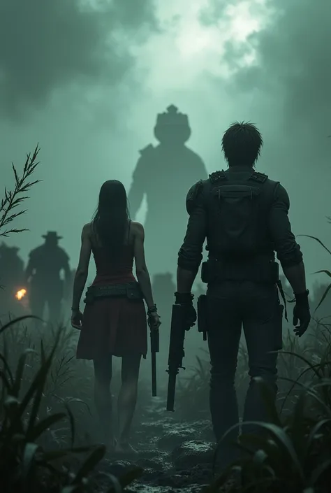 Leon S Kennedy and Chris Redfield alongside Ada Wong and Jack Muller killing zombies in a swamp 
