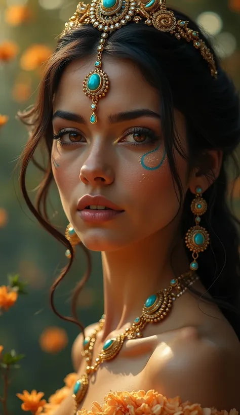 Full body pose golden rainbow tattoos on face and little brown diamond jewelry tanned skin arab hairs style Arabian figure eternal lady face lips bite tease hyperealism photorealistic 7k best background wallpaper makeup model style hairs Arabian makeup sir...