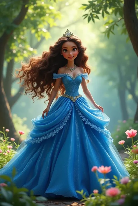 Cinderella princess in a blue dress, but let her be brunette with curly hair in the Disney Pixar style, Surprise me