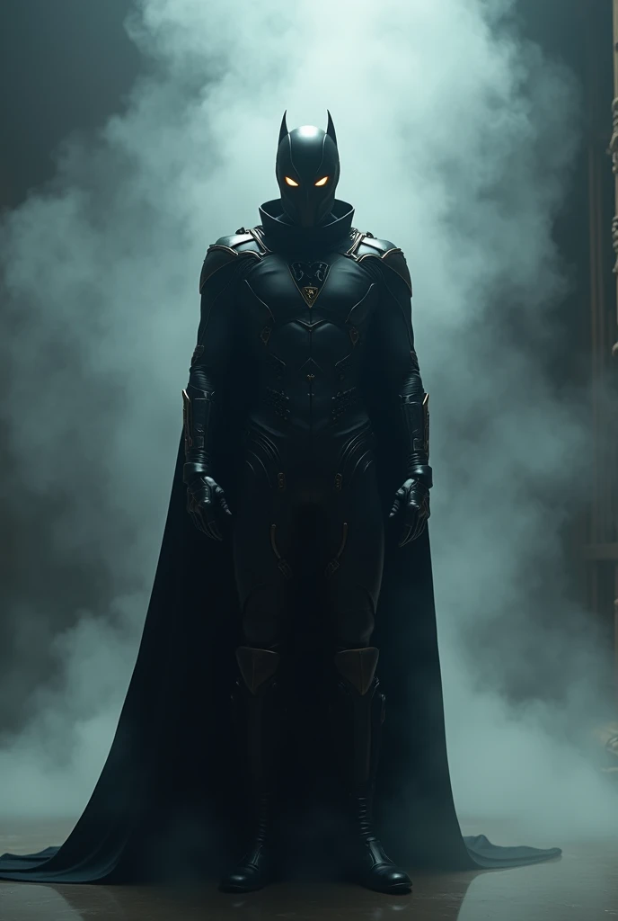 1man, american, black mask, glowing upside down triangle symbol, black tech suit with metal accents, black cape, black boots, dark aura, smoke background