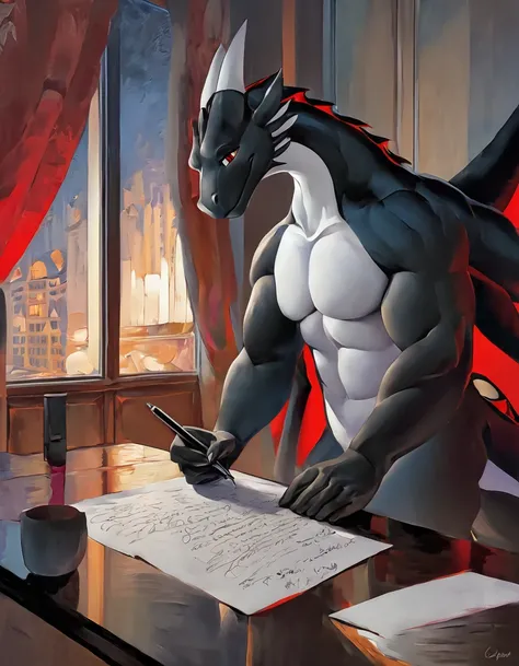 Tall and muscular dragon, wings, body black, sits by the table, holding a pen in his hand, writes on a piece of paper, Its night outside the window, big black body, white belly, Eyes bright red, smiling, high quality, masterpiece, conceptual art. Looking a...