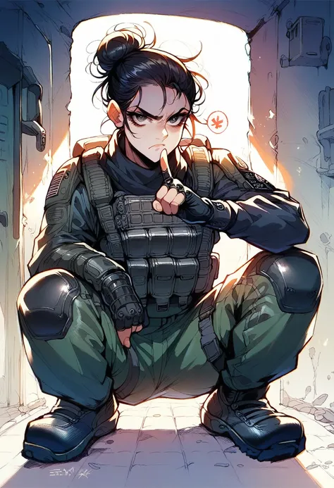 Female Special Ops in black tactical stealth suit, shushing gesture, pointing a sillenced pistol on the viewer, serious expression, messy bun with dark hair, low-key lighting, stealth mission ambiance, millitary base, crouching