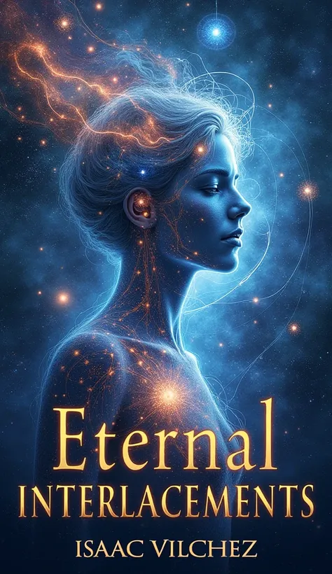 Create an image of a book cover called Eternal Interlacements, where the image expresses love, quantum physics, The universe, life, the infinity of probable events, intelligence and science., add that the writer&#39;s name is: Isaac Vilchez. Bigger chest