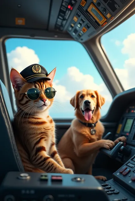 Generate a photo of cat and dog driving an airplane realistic airbus