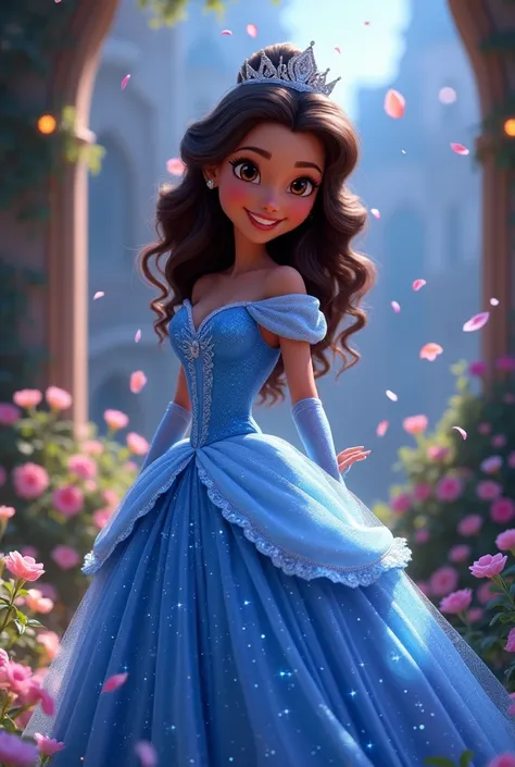 Cinderella princess in a blue dress, but let her be brunette with tanned brown skin and curly hair in the Disney Pixar style., Surprise me