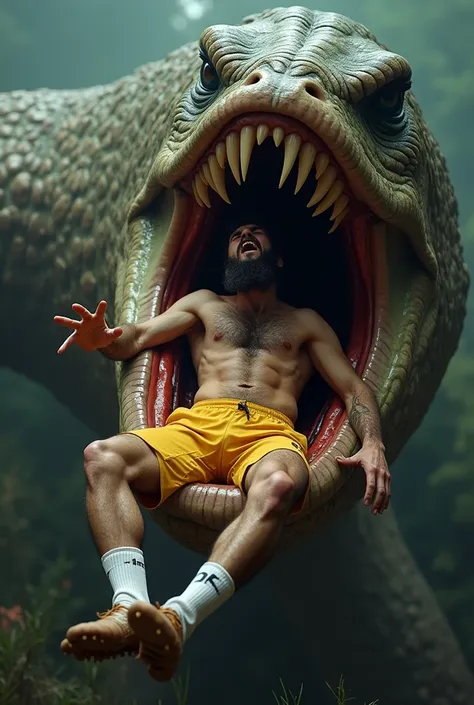 white male 40yo hairy handsome hiker with erect penis being carried by a monster and is swallowed by a giant worm monster, he is yelling in pleasure while becoming sexual food to his predator, interspecies, vore, wet, digestion, inside creature, beard, bei...