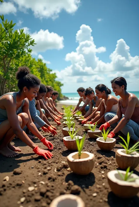 real people planting mangrove seedlings in a nursery, where they are planted in coconut shells