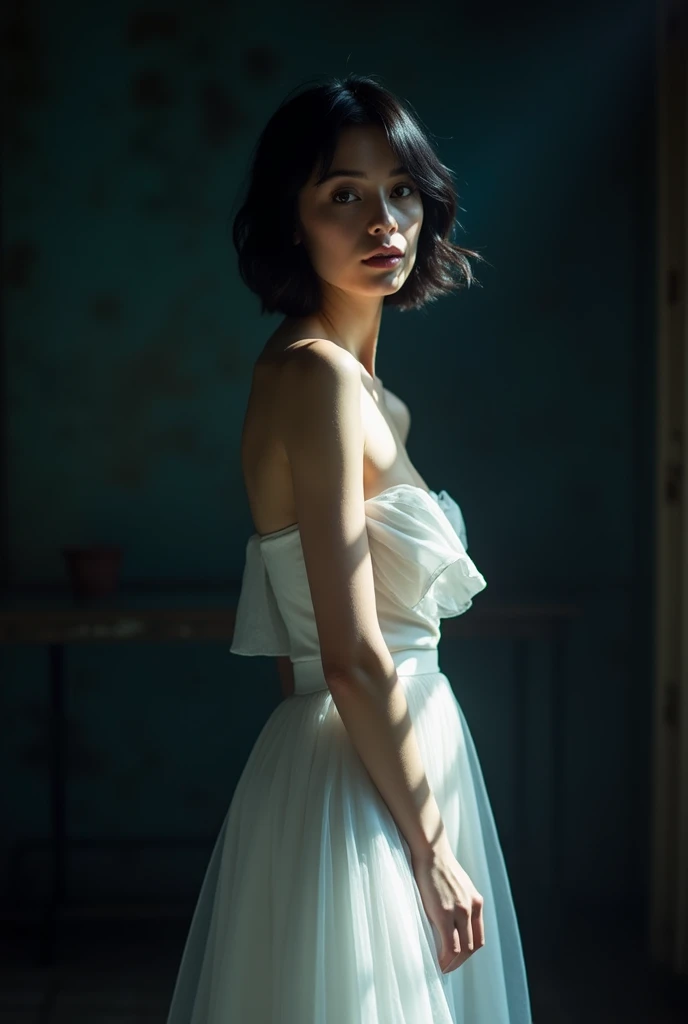 A woman with short black hair, Black palette
Brown eyes, Caucasian skin,slim body tall white dress, dark 
