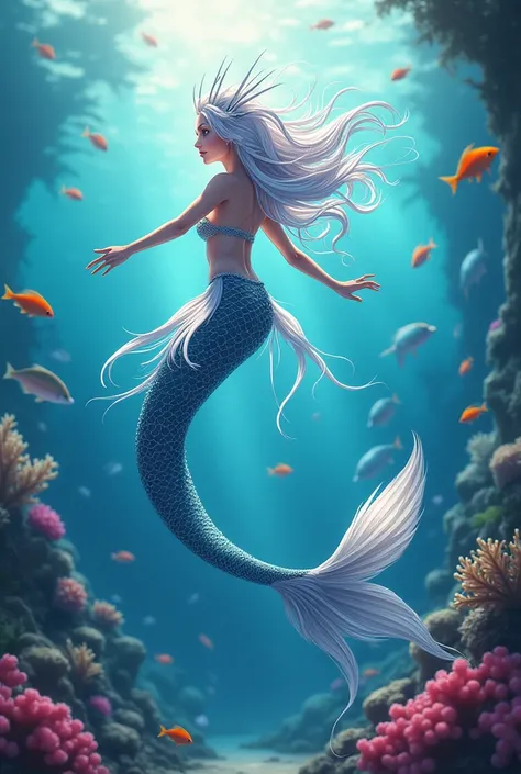 A lionfish mermaid with calico white hair, a long, beautiful tail that resembles a lion fish with the lion fish spikes through the back of her tail and beautiful fins; anime style