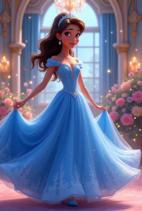 Cinderella princess in a blue dress, but let her be brunette with tanned brown skin and curly hair in the Disney Pixar style., Surprise me