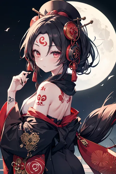 Ink painting, (((1 girl))), (((Tattoo in the middle of the forehead))),(((In the background is the Akatsuki moon))), (((Oiran))), (((Great hair accessories))), Japanese style headphones, Demon possession,  (((Highest quality, 8K, high-definition masterpiec...