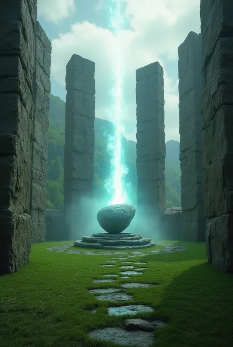 Circle of large tall stones, plus one stone in the middle and a beam of light in the center on the grass