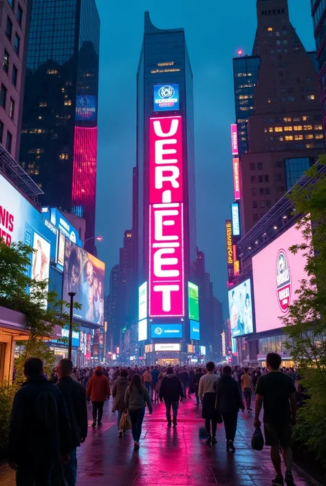 A HUGE BANNER SAYING "VERIFIED OUTLET " WITH PEOPLE WALKING AROUND AND CITY BUILDINGS WITH LIGHTS AND WEED PLANTS EVERYWHERE