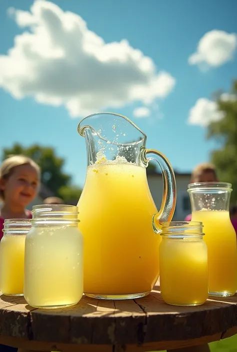 Classic Lemonade Stand**: A pitcher of lemonade with visible pulp floating awkwardly, placed on a rickety stand. Surrounding the pitcher are mismatched jars with chipped rims, filled with warm, flat lemonade.
