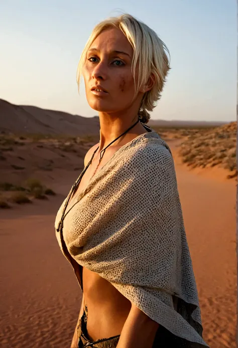 Masterpiece, Aesthetic artwork, (textured skin, skin pores:1.1), half body shot, transitioning to a desert landscape at sunset, a lone figure walking, a beautiful  young Norwegian woman, deeply tanned, blonde hair, blue-grey eyes, freckles, very detailed f...