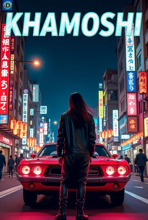 Make a music poster in retro car theme and write khamoshi word in dark heavy font in japan vibe