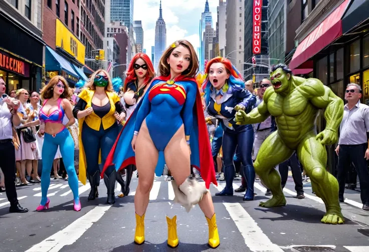 A cute woman (super heroine outfit, crazy matching hair, powers on display) heroic pose, street of new york, facing down a mob of mutant monsters