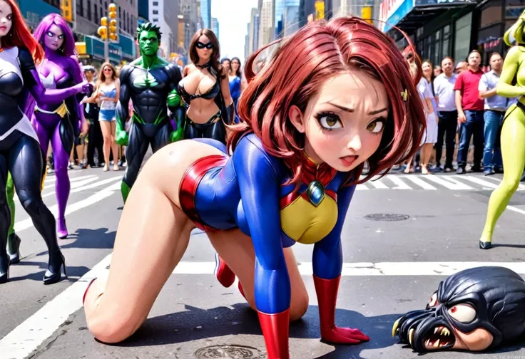 A cute woman (super heroine outfit, crazy matching hair, powers on display) heroic pose, street of new york, facing down a mob of mutant monsters