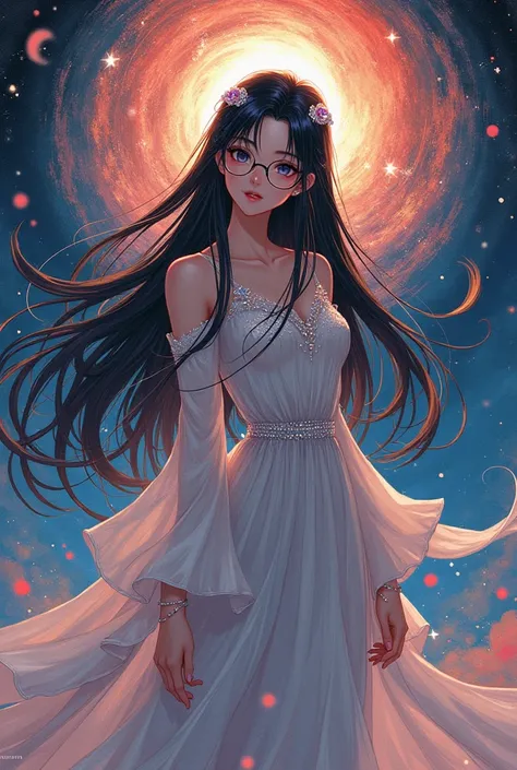 A beautiful anime graphic with a long dark dress with gemstone embellishments, long  hair, japanese, With glasses and a background reminiscent of enteopism, Time magic and chaos magic, with long sleeves and no elf ears