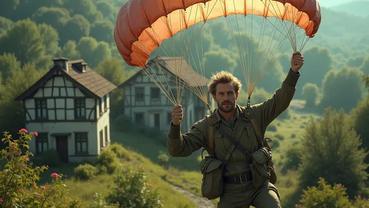 a man parachuting above an abandoned village garden, spring, midday, military uniform, round parachute, 1960s, detailed face, cinematic lighting, highly detailed, 4k, highres, photorealistic, intricate details, vibrant colors, dramatic shadows, environment...