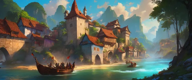 uma pintura de um grupo de pessoas em pé num penhasco com vista para um rio, MEDIEVAL STYLE,high fantasy RPG style, League of Legends-inspired art style, dynamic poses, detailed facial features, cinematic lighting, vibrant colors, dramatic atmosphere, grit...